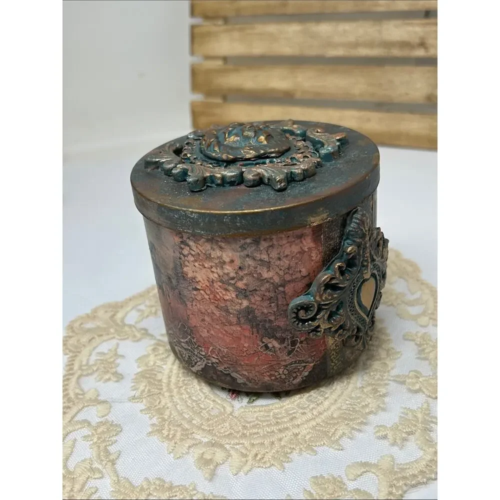 Decorative Antique-Style Trinket Box  with lid in Turquoise and Bronze